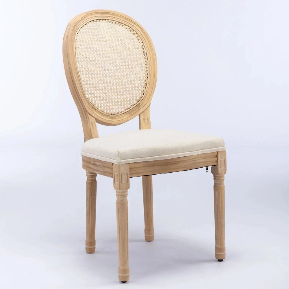 Dining Chair Solid Wood Frame & Rattan Back Linen Seat French Style Set 2 Media 3