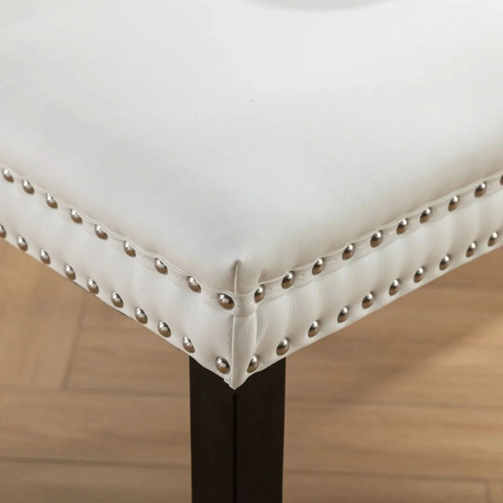 Dining Chairs White PU & Pink Velvet Tufted Nailhead Trim Wood Legs Set Of 2 Media 13