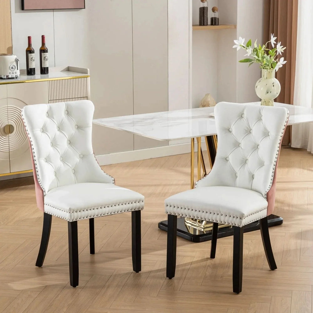 Dining Chairs White PU & Pink Velvet Tufted Nailhead Trim Wood Legs Set Of 2 Media 16