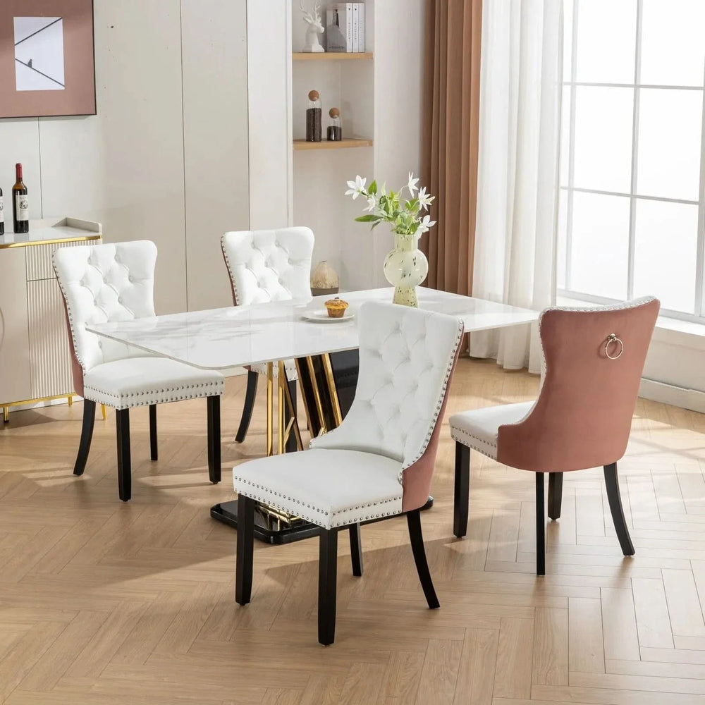 Dining Chairs White PU & Pink Velvet Tufted Nailhead Trim Wood Legs Set Of 2 Media 17