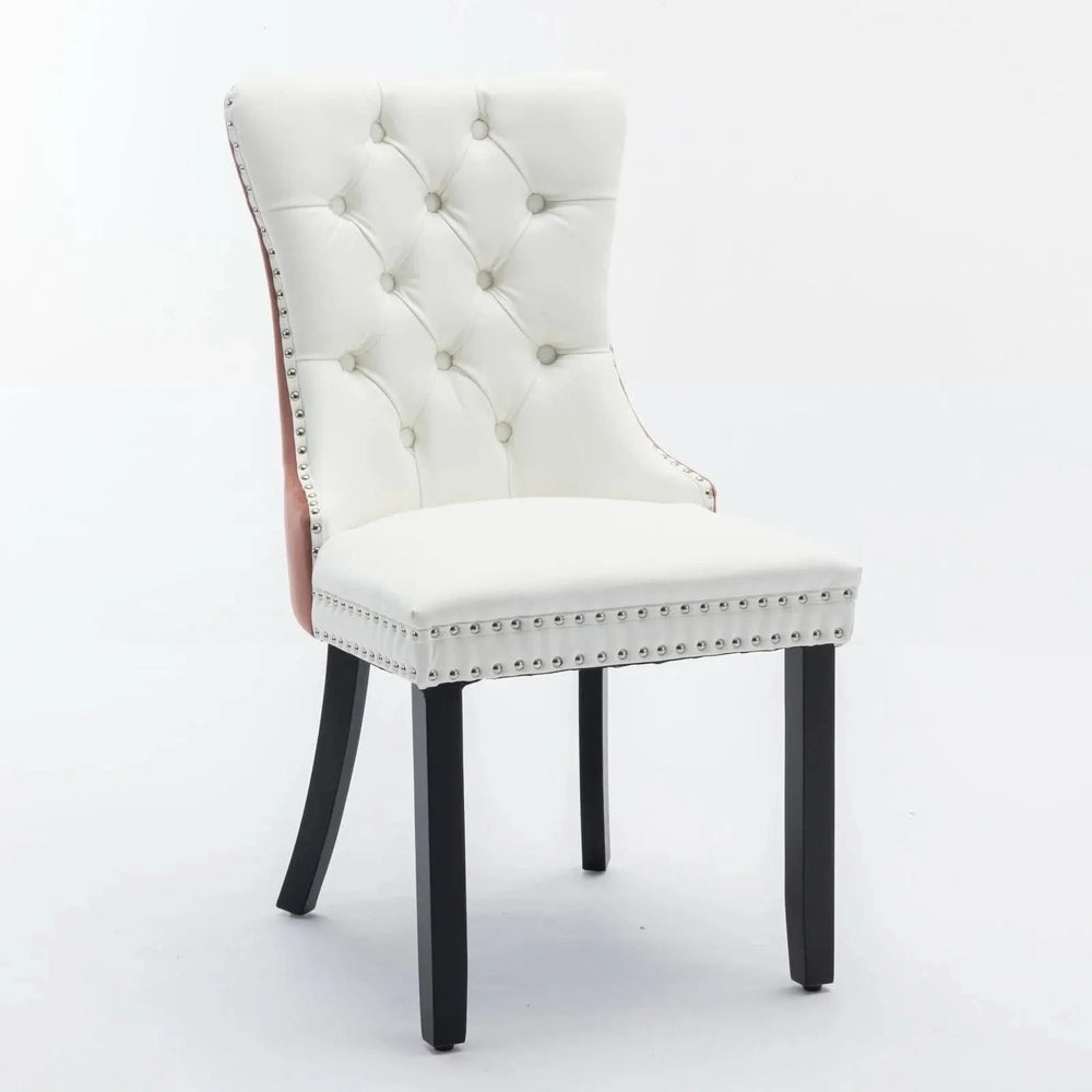 Dining Chairs White PU & Pink Velvet Tufted Nailhead Trim Wood Legs Set Of 2 Media 3