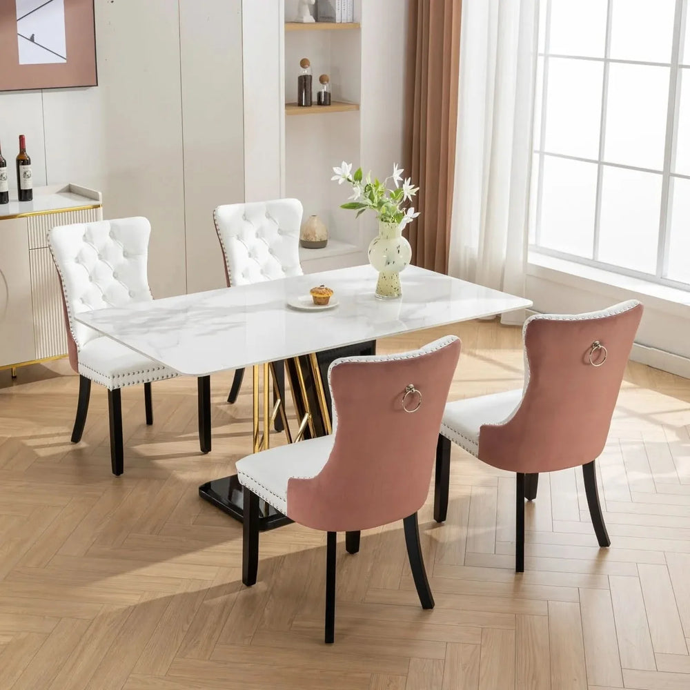 Dining Chairs White PU & Pink Velvet Tufted Nailhead Trim Wood Legs Set Of 2 Media 19
