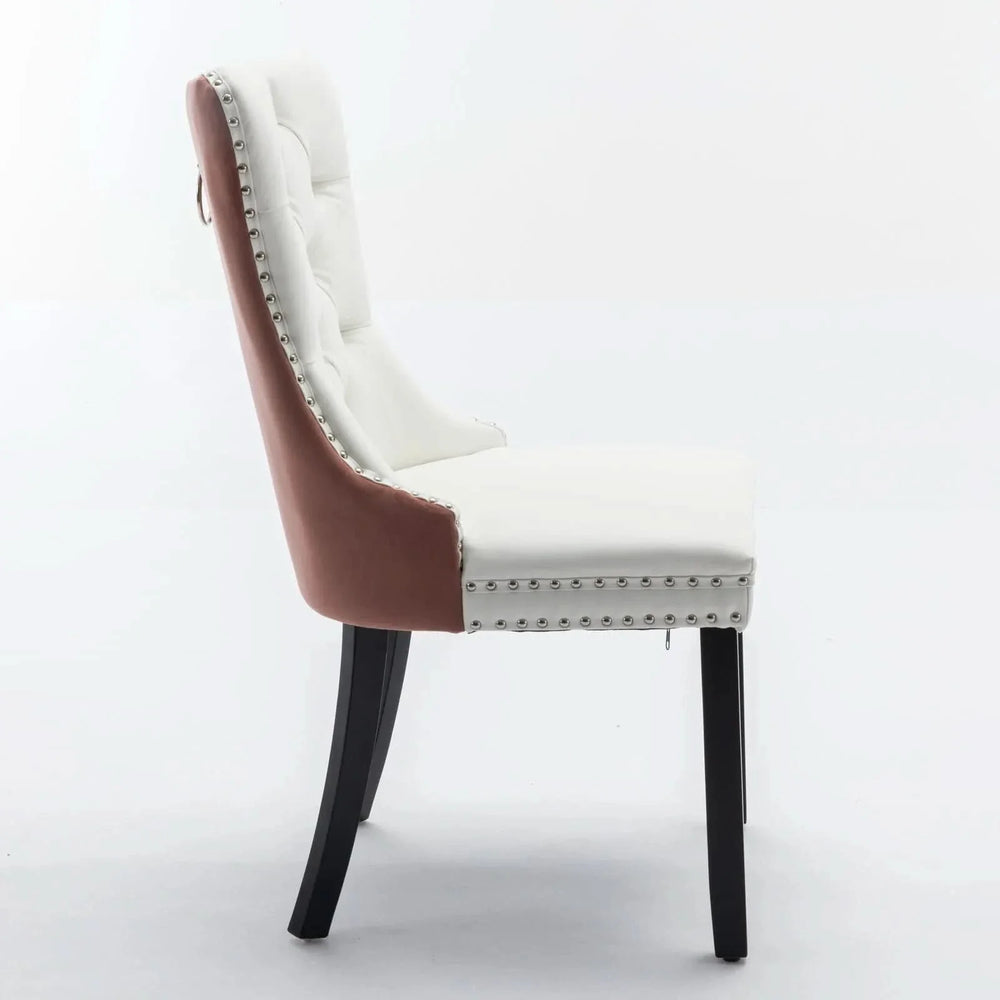 Dining Chairs White PU & Pink Velvet Tufted Nailhead Trim Wood Legs Set Of 2 Media 5