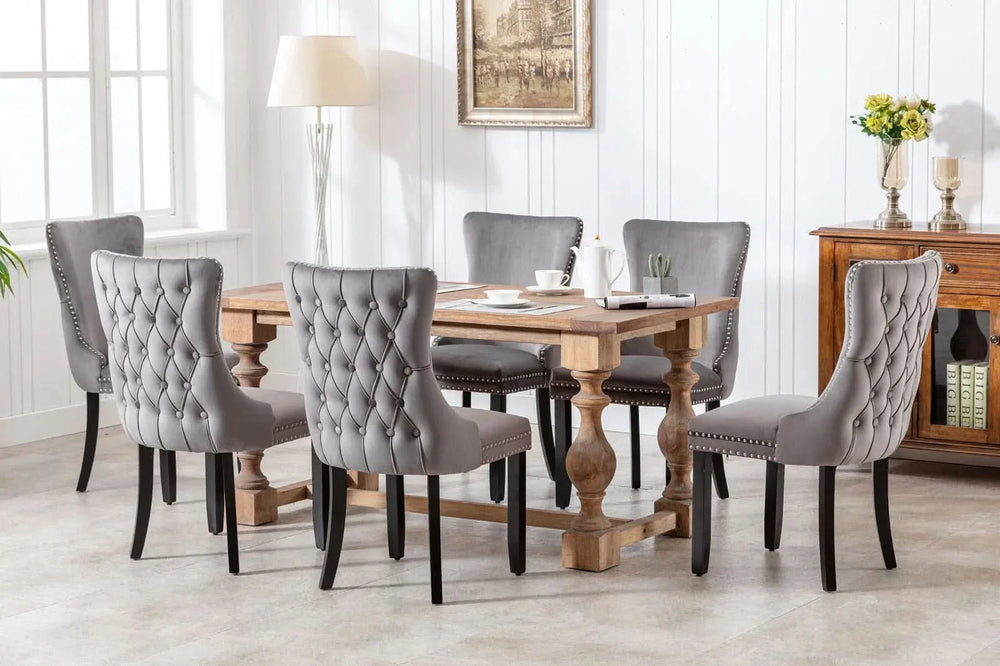 Wing Back Dining Chair Velvet Upholstery Nailhead Trim & Solid Wood Legs Media 12