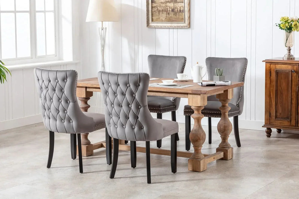 Wing Back Dining Chair Velvet Upholstery Nailhead Trim & Solid Wood Legs Media 11