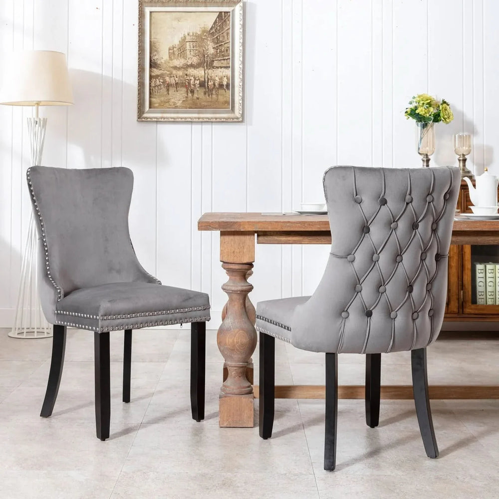Wing Back Dining Chair Velvet Upholstery Nailhead Trim & Solid Wood Legs Media 1