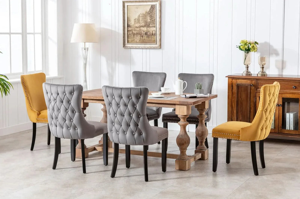 Wing Back Dining Chair Velvet Upholstery Nailhead Trim & Solid Wood Legs Media 13