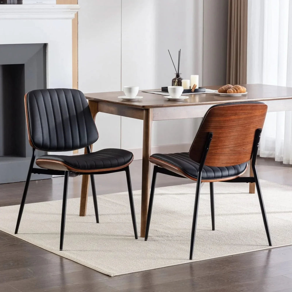 Mid Century Dining Chairs PU Leather Black Walnut Bentwood Back 2-Pack Media 1