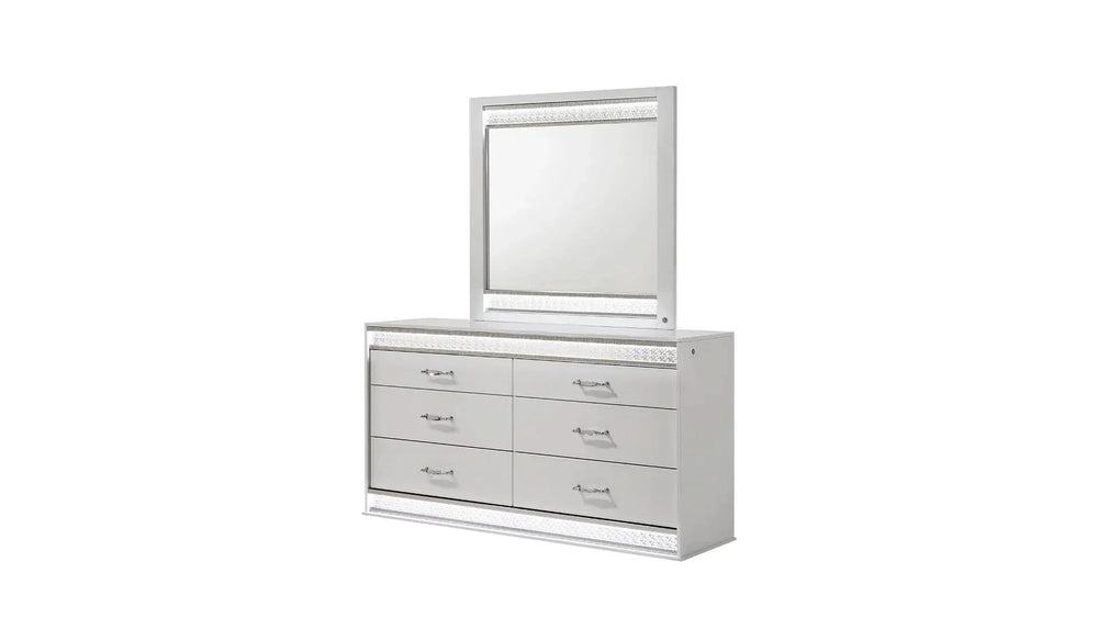 Queen Bedroom Set Wood & White LED Headboard 4-Piece Modern Finish Media 14