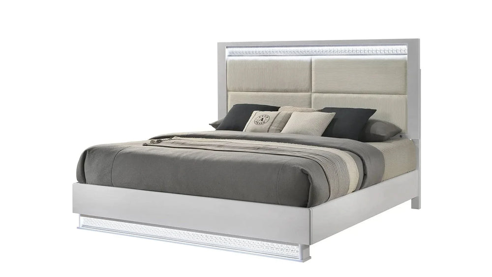 Queen Bedroom Set Wood & White LED Headboard 4-Piece Modern Finish Media 7