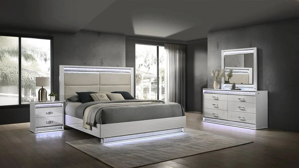 Glam Modern Style 4 Pc Queen Bedroom Set with LED Headboard Made with Wood in White(NJ INVENTORY)- DTY Store