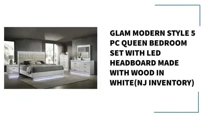 Queen Bedroom Set Solid Wood With LED Headboard White Gloss Finish Modern Media 23