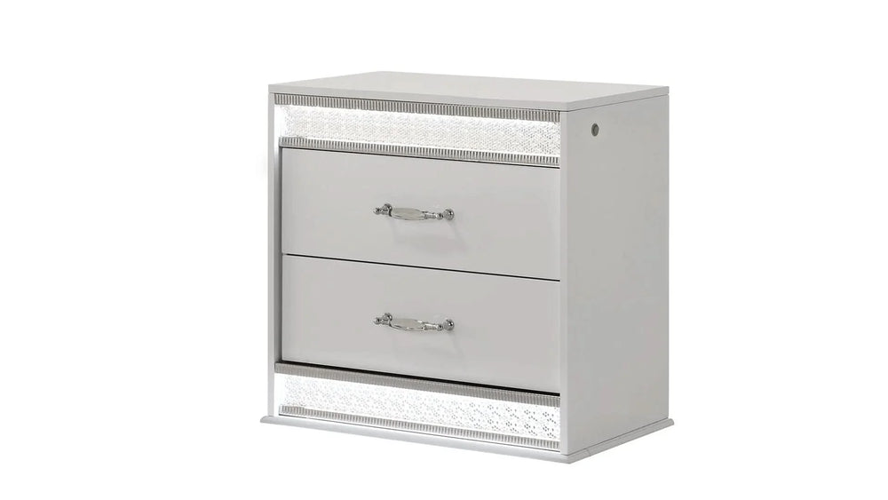 Queen Bedroom Set Solid Wood With LED Headboard White Gloss Finish Modern Media 11