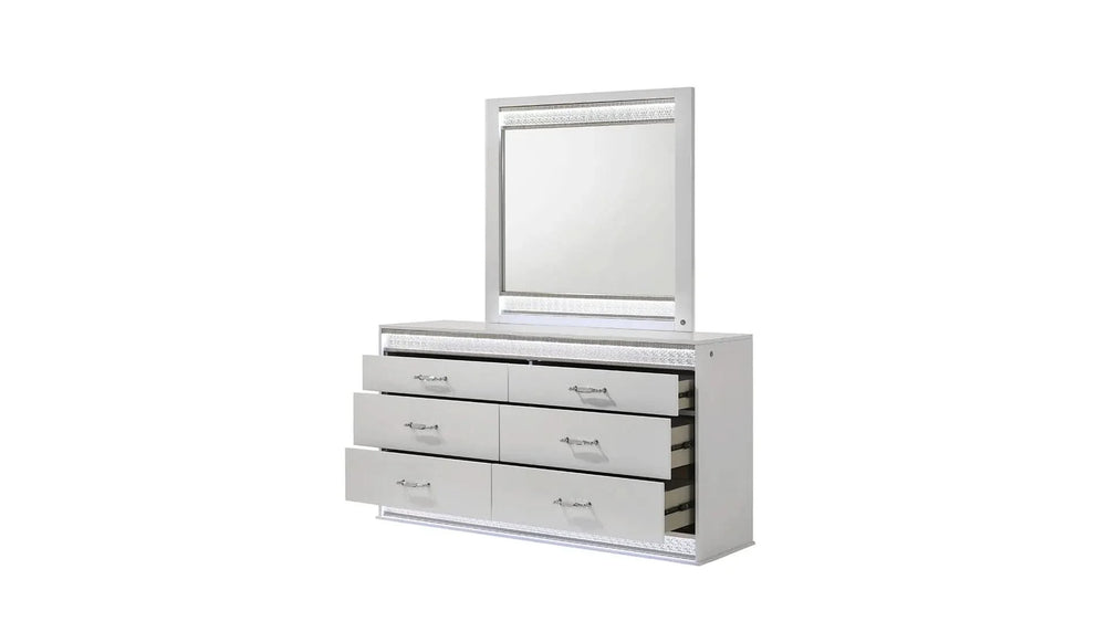 Queen Bedroom Set Solid Wood With LED Headboard White Gloss Finish Modern Media 16