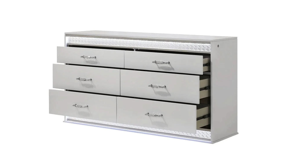 Queen Bedroom Set Solid Wood With LED Headboard White Gloss Finish Modern Media 14