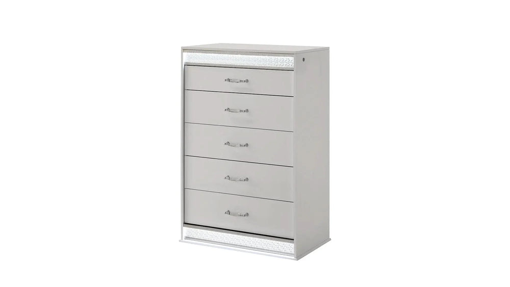 Queen Bedroom Set Solid Wood With LED Headboard White Gloss Finish Modern Media 17