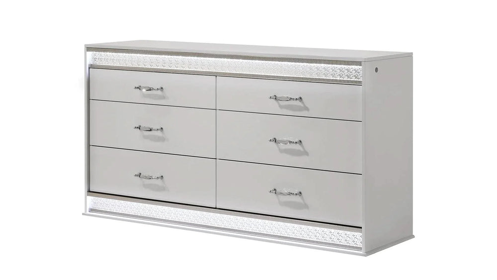 Queen Bedroom Set Solid Wood With LED Headboard White Gloss Finish Modern Media 13