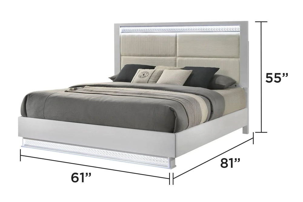 Queen Bedroom Set Solid Wood With LED Headboard White Gloss Finish Modern Media 2