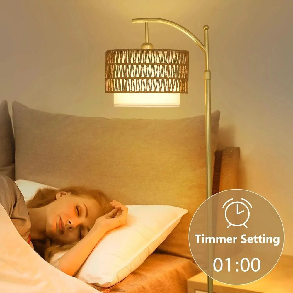 Gold Floor Lamp Rattan & Metal Boho Arc With Remote & Dimmable LED Media 8