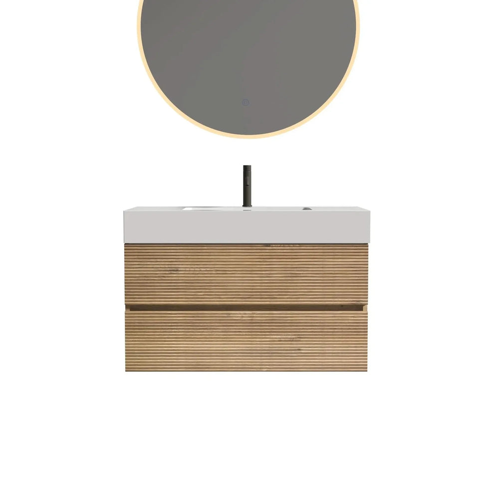 Floating Bathroom Vanity Oak White Quartz Sink & Soft Close Drawers Media 5