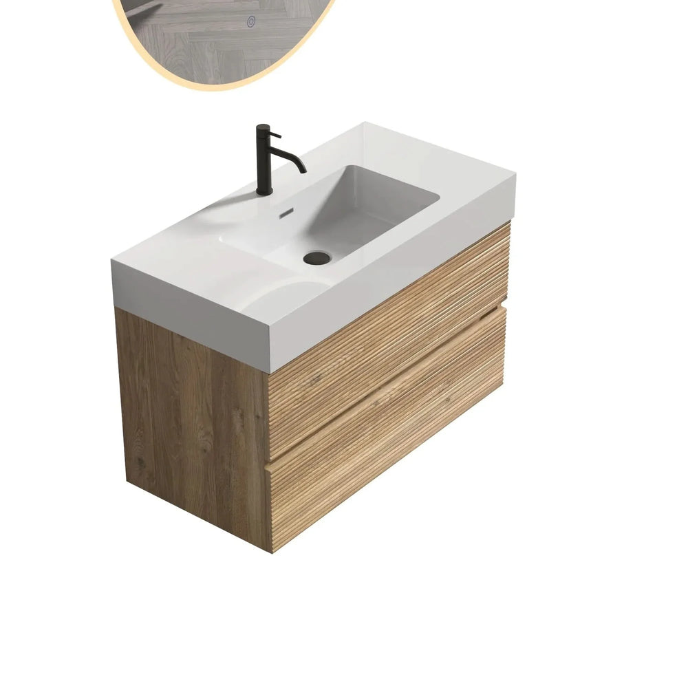 Floating Bathroom Vanity Oak White Quartz Sink & Soft Close Drawers Media 3