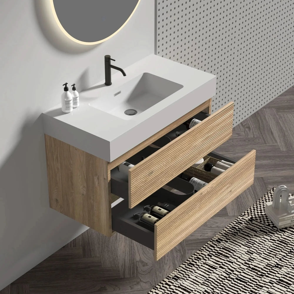 Floating Bathroom Vanity Oak White Quartz Sink & Soft Close Drawers Media 4