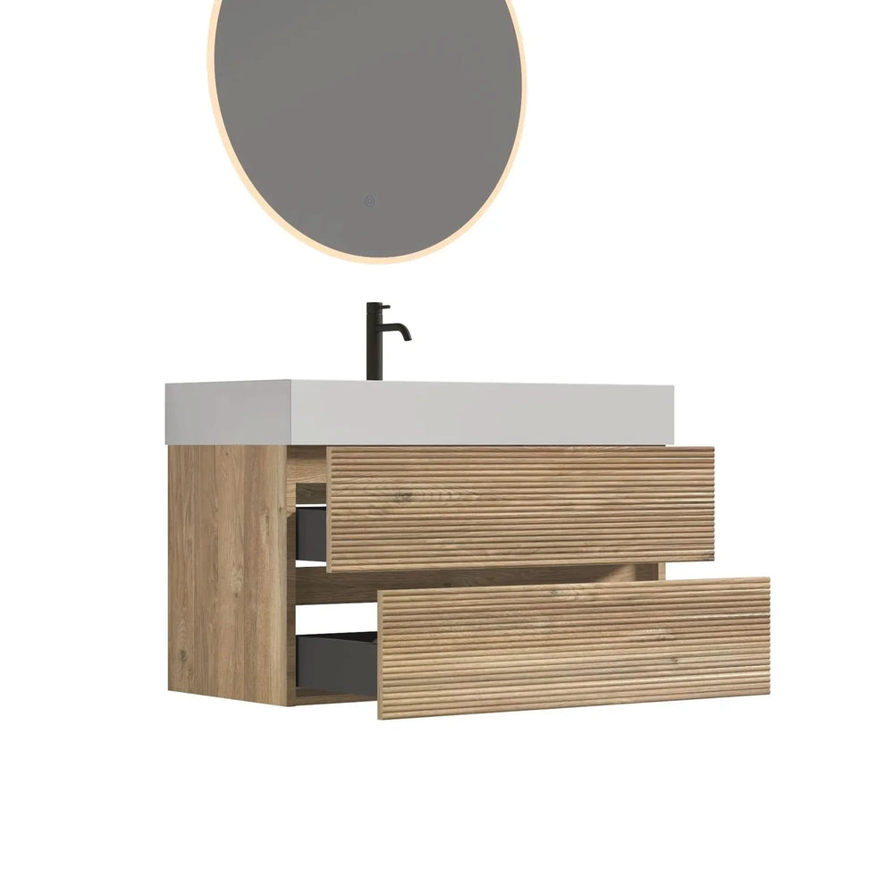 Floating Bathroom Vanity Oak White Quartz Sink & Soft Close Drawers Media 7