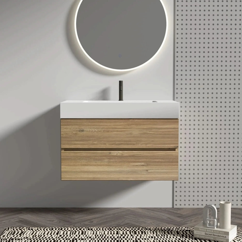 Floating Bathroom Vanity Oak White Quartz Sink & Soft Close Drawers Media 1
