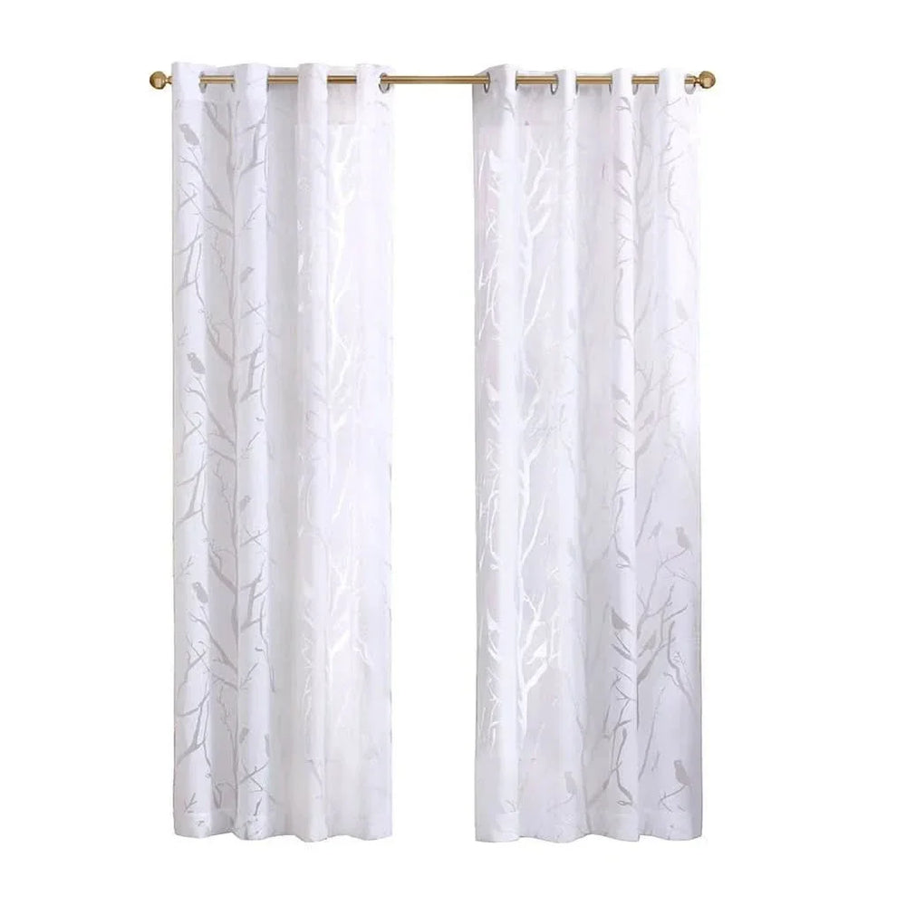 Sheer Window Curtain Polyester Grommet Top Bird Branches Pattern White Media 6