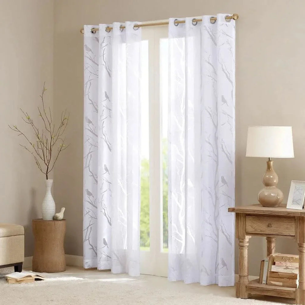 Bird On Branches Sheer Curtain Polyester Burnout Grommet Top Single Panel Media 1