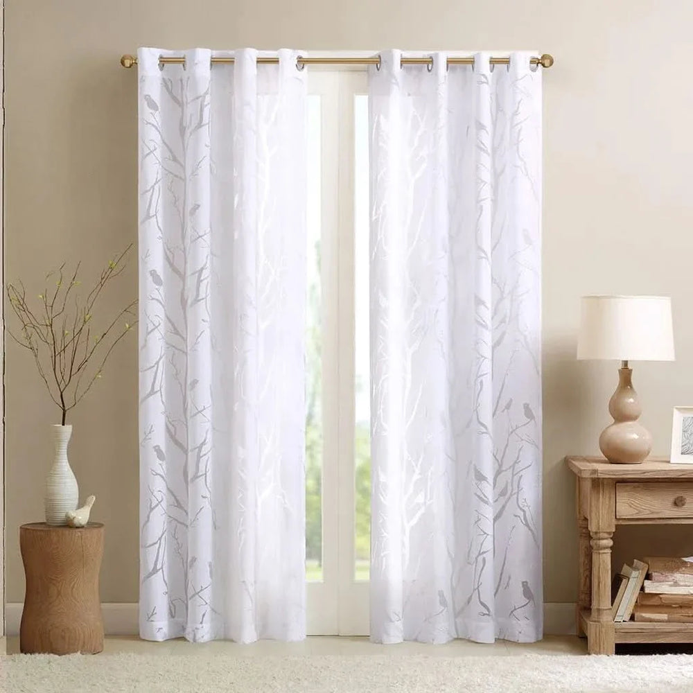 Sheer Window Curtain Polyester Grommet Top Bird Branches Pattern White Media 2