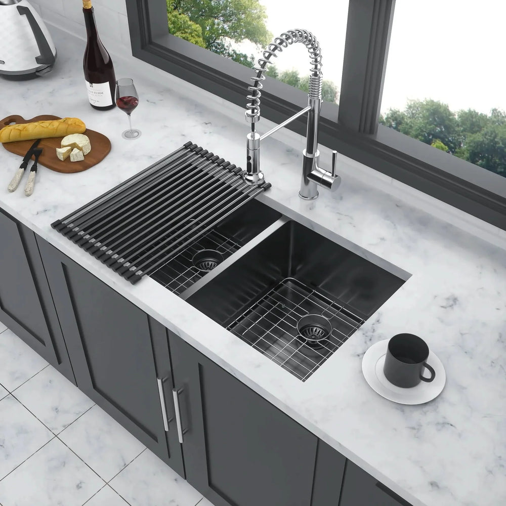 Stainless Steel Kitchen Sink Gunmetal Black Double Bowl Undermount 33x19 Media 2