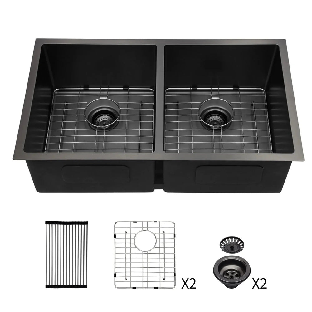 Stainless Steel Kitchen Sink Gunmetal Black Double Bowl Undermount 33x19 Media 1