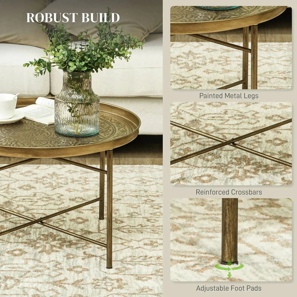 Round Coffee Table Metal Hammered Tray Top & Vintage Gold Finish Style Media 4