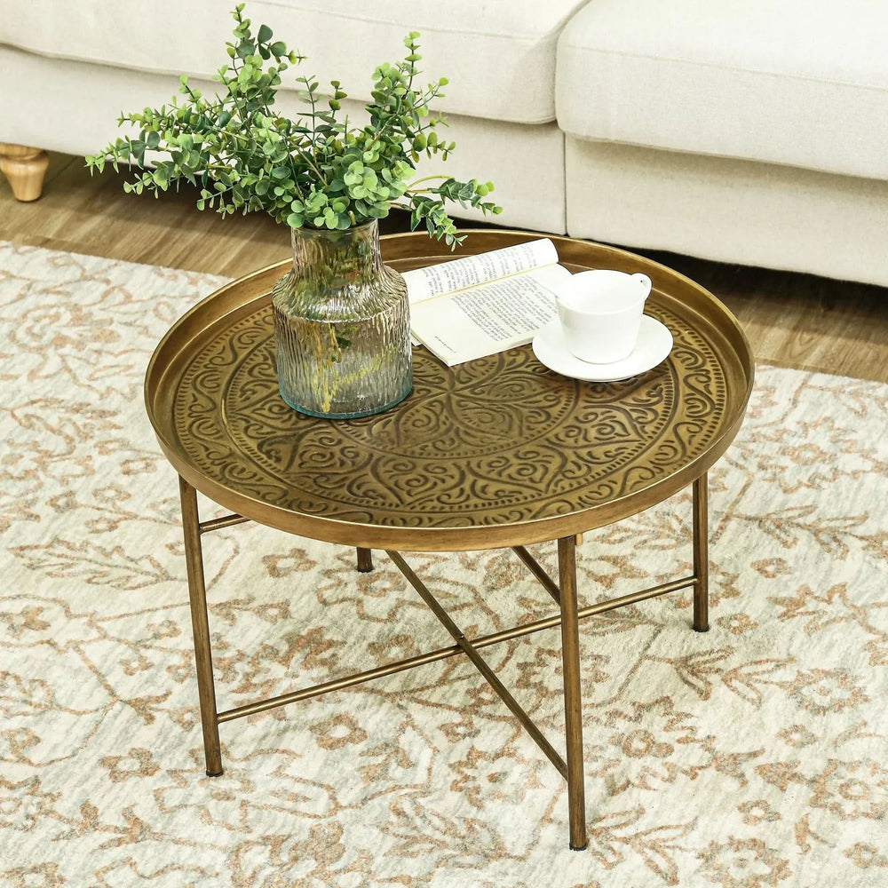 Round Coffee Table Metal Hammered Tray Top & Vintage Gold Finish Style Media 3