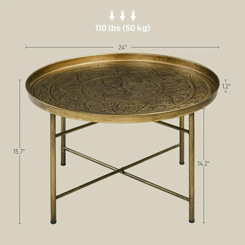 Round Coffee Table Metal Hammered Tray Top & Vintage Gold Finish Style Media 7