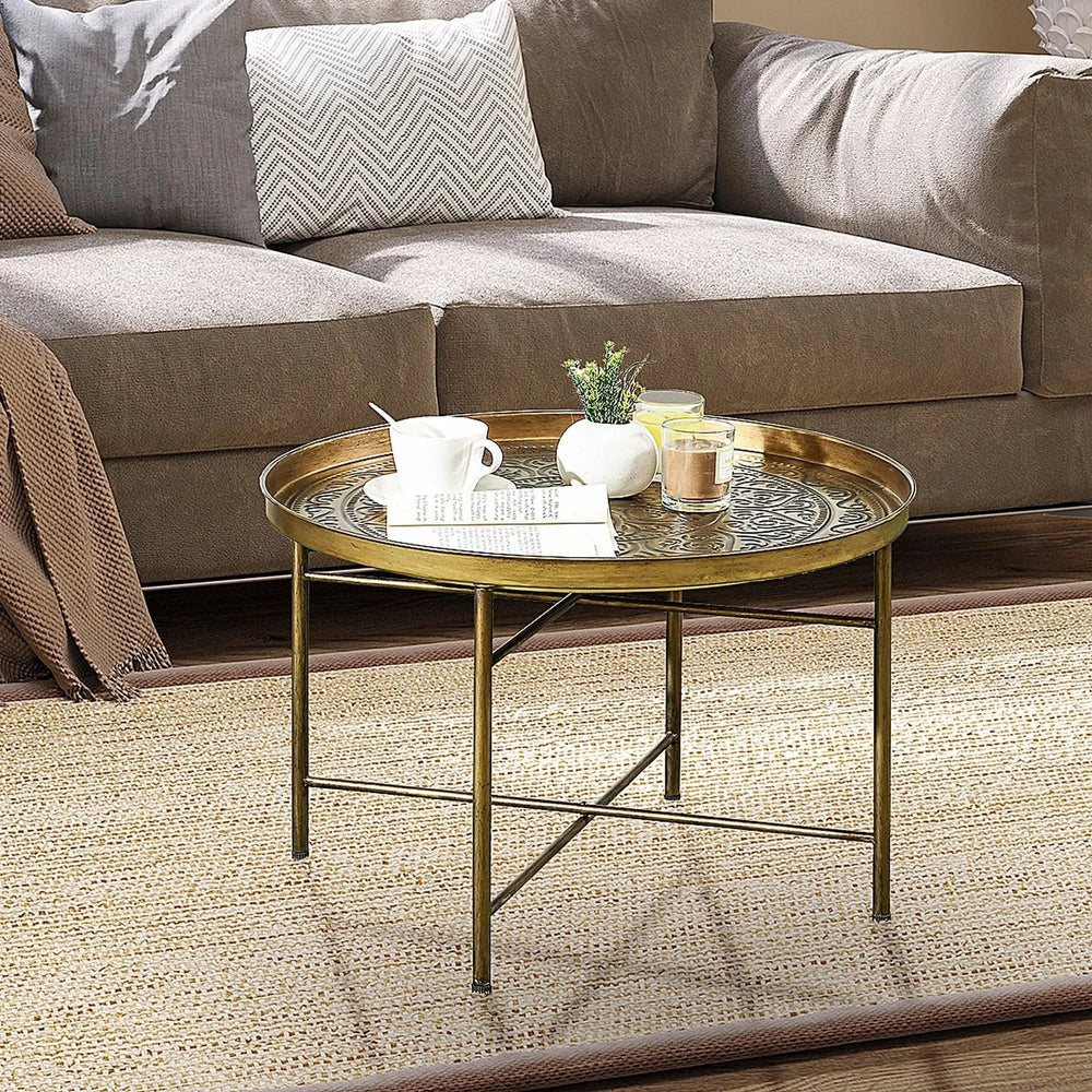 Round Coffee Table Metal Hammered Tray Top & Vintage Gold Finish Style Media 8