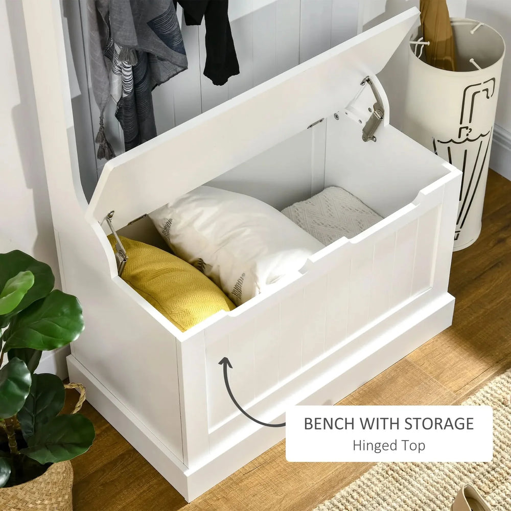 Hall Tree Coat Rack & Storage Bench White Wood Finish With Seating Media 6