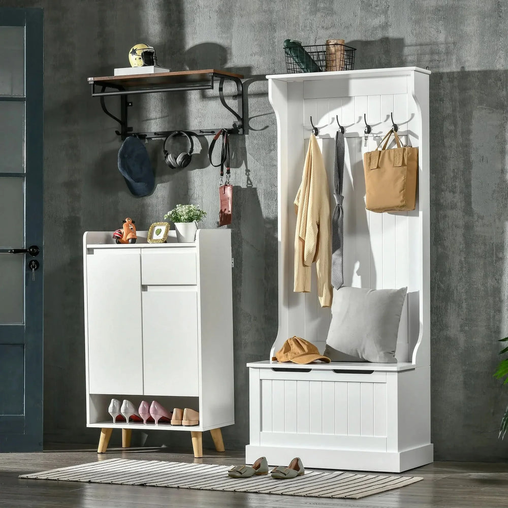 Hall Tree Coat Rack & Storage Bench White Wood Finish With Seating Media 2