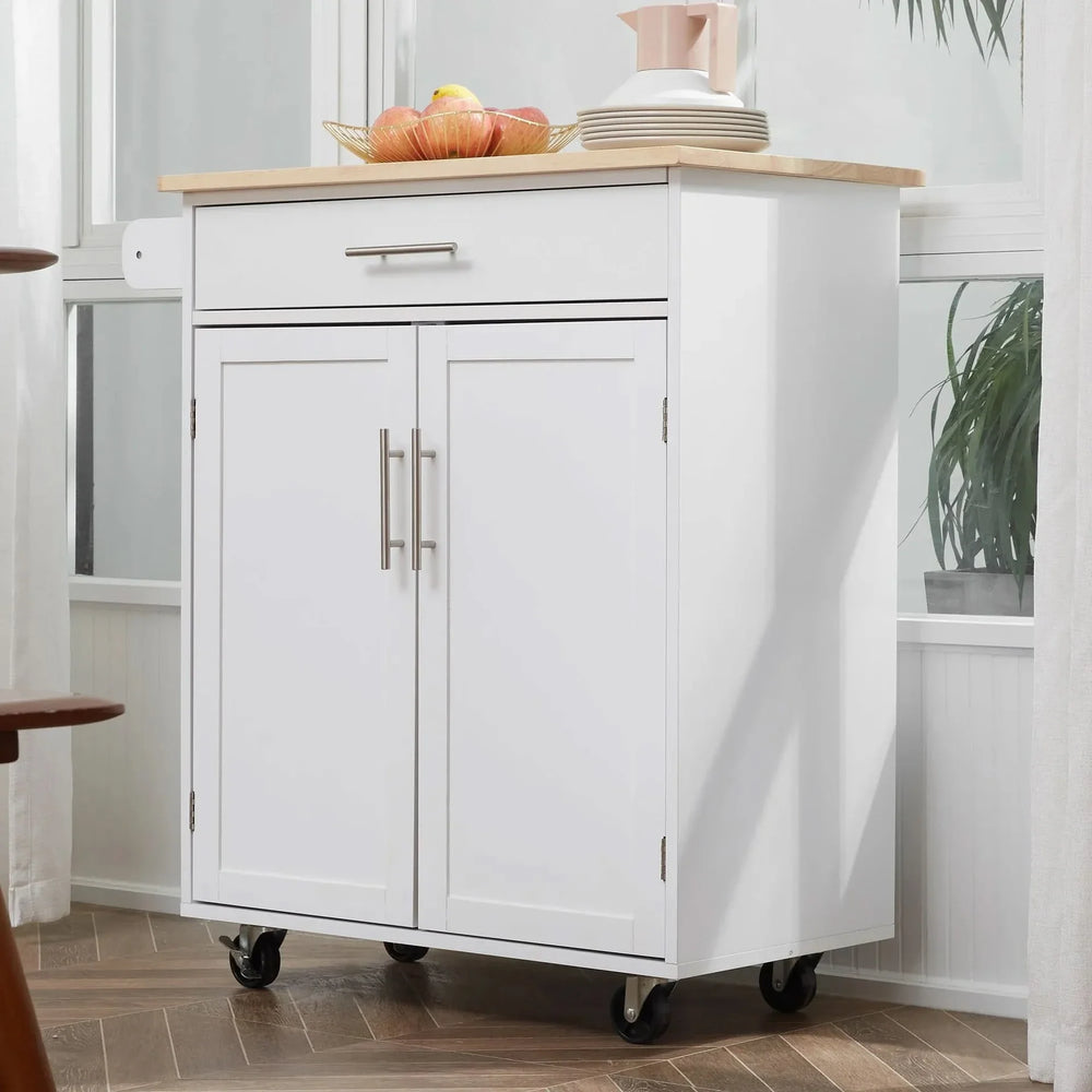 Kitchen Island Cart Rubber Wood White With Drawer & Storage Cabinet & Towel Rack Media 8