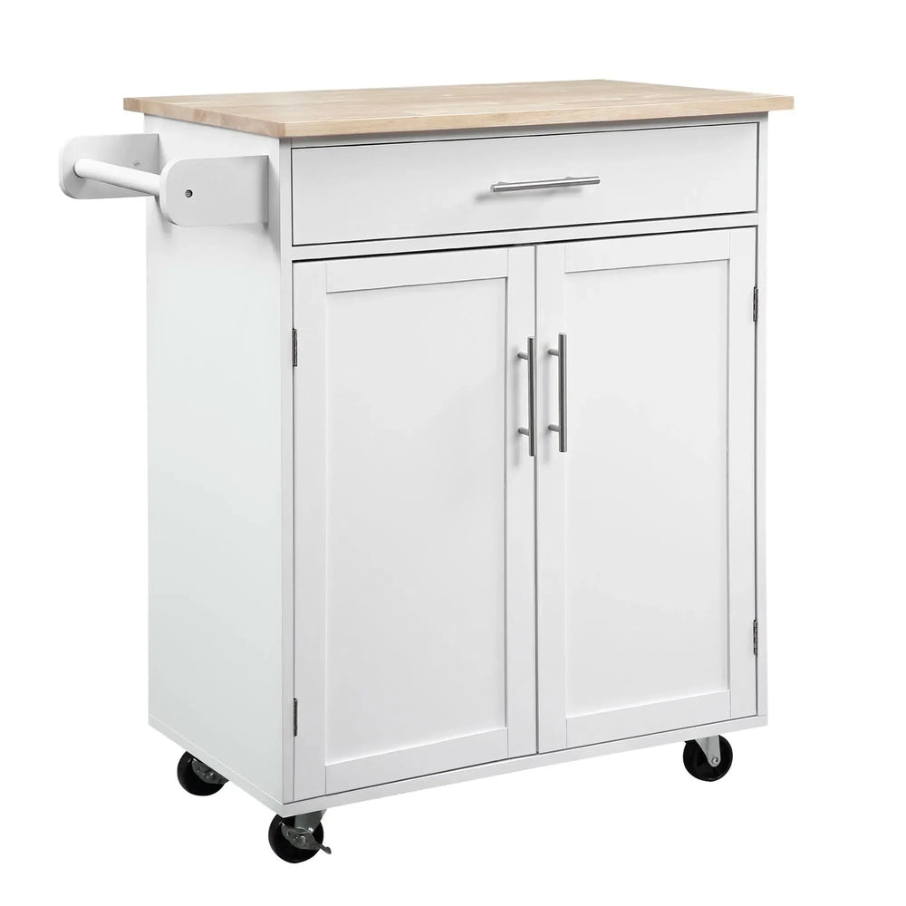 Kitchen Island Cart Rubber Wood White With Drawer & Storage Cabinet & Towel Rack Media 1