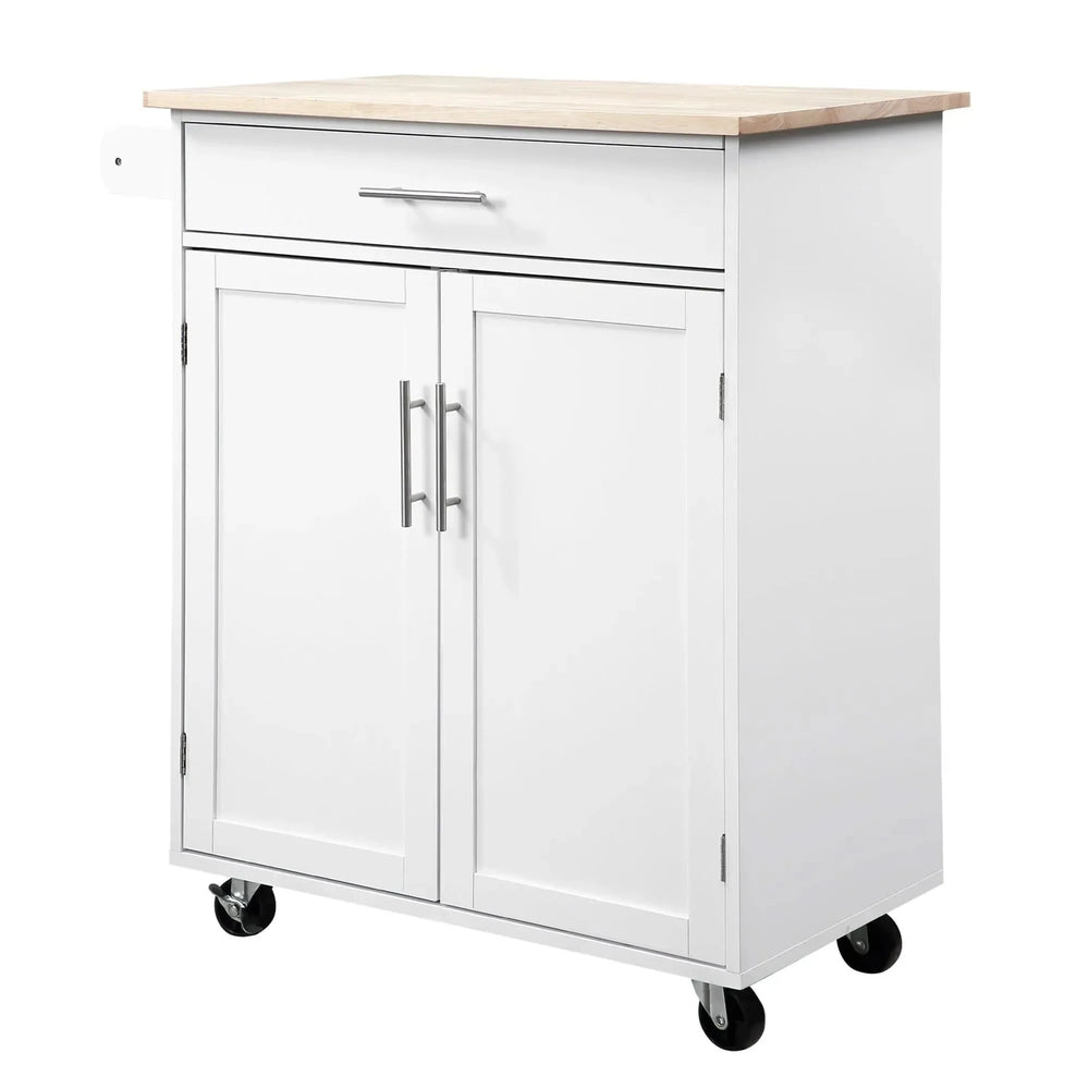 Kitchen Island Cart Rubber Wood White With Drawer & Storage Cabinet & Towel Rack Media 10