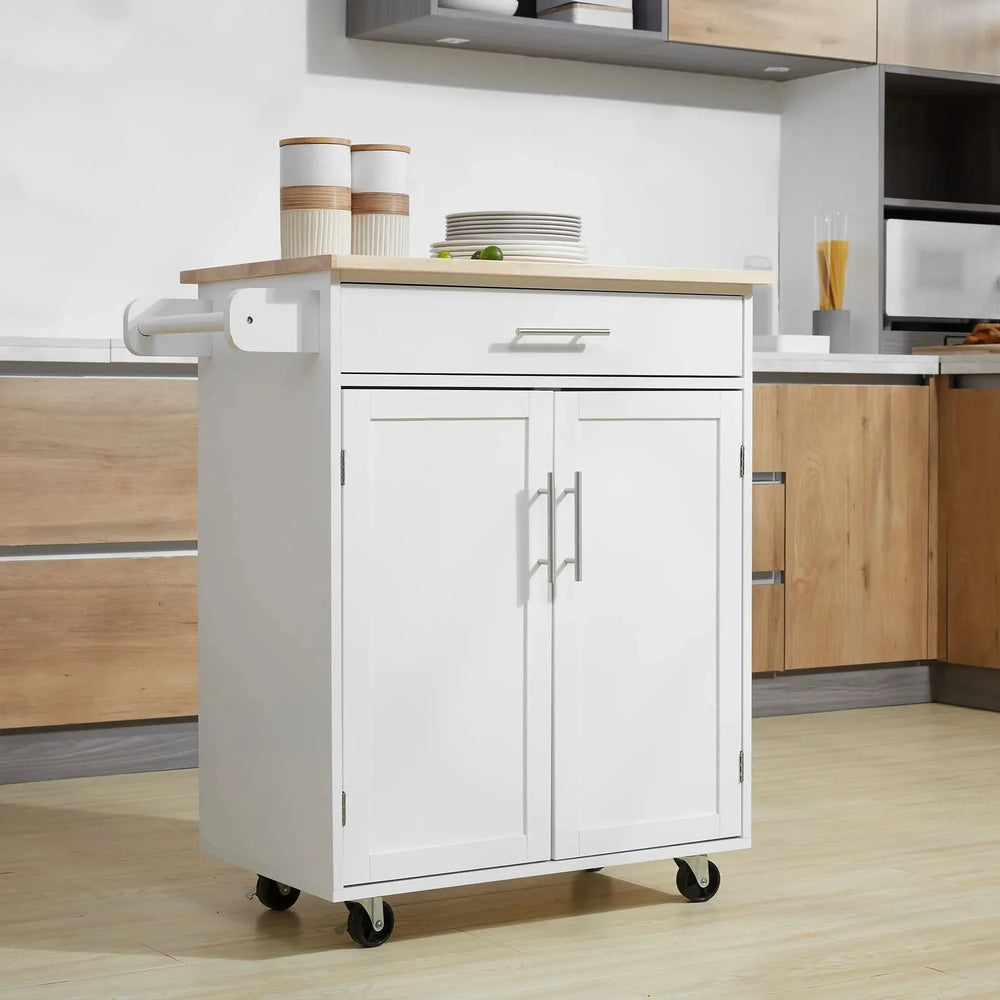 Kitchen Island Cart Rubber Wood White With Drawer & Storage Cabinet & Towel Rack Media 9