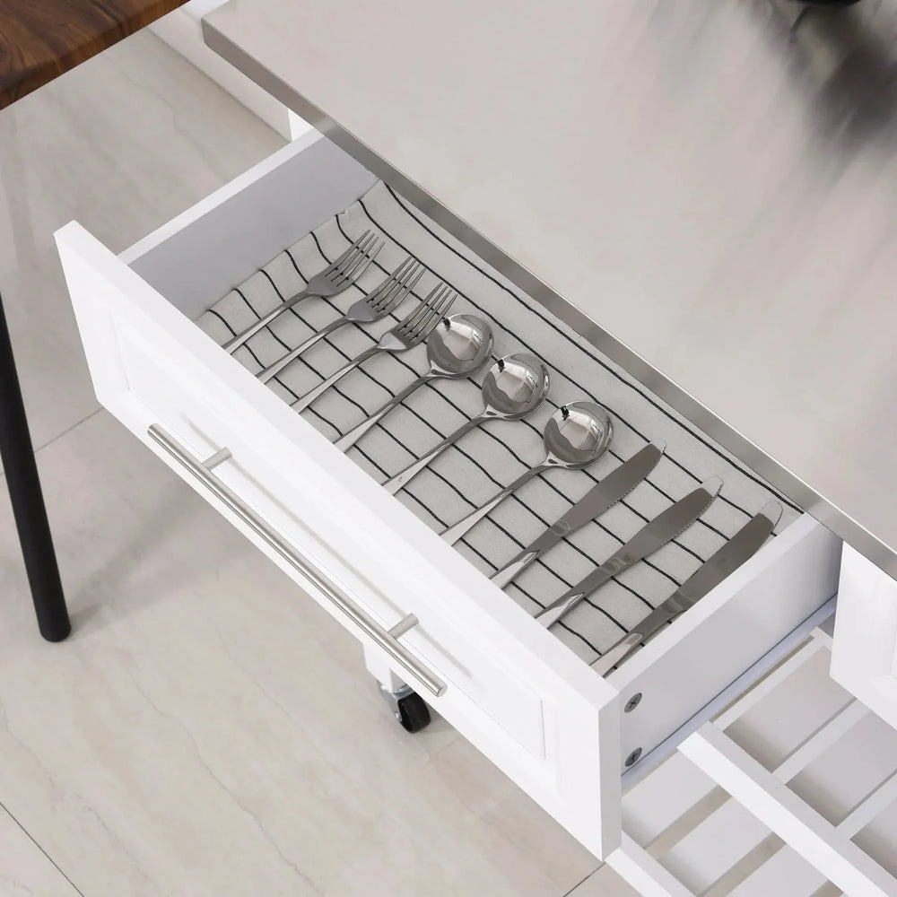 Kitchen Island Stainless Steel Top Rolling Cart With Drawers White Finish Media 8