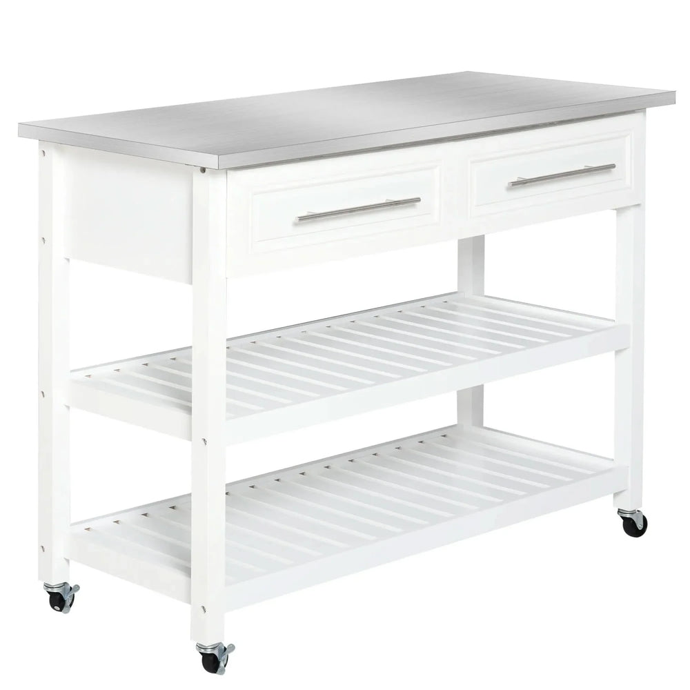 Kitchen Island Stainless Steel Top Rolling Cart With Drawers White Finish Media 1