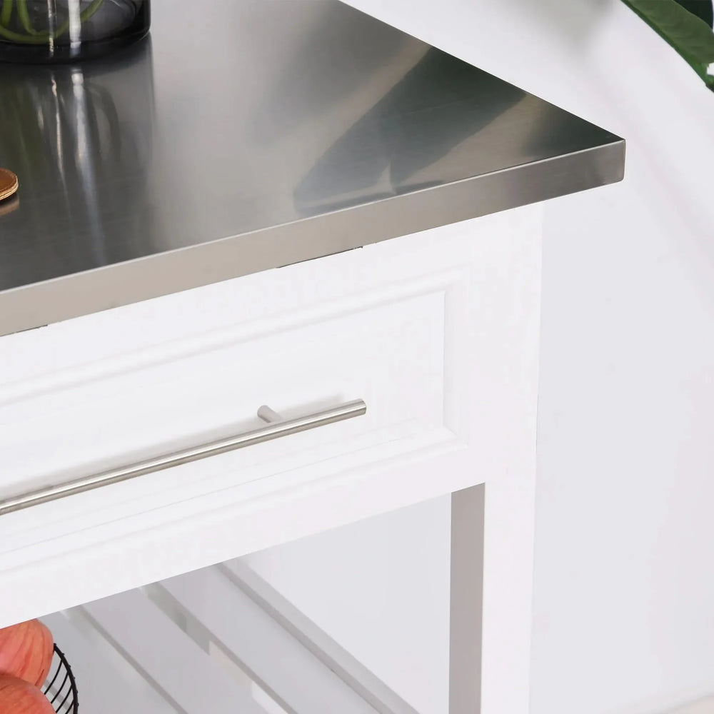 Kitchen Island Stainless Steel Top Rolling Cart With Drawers White Finish Media 7