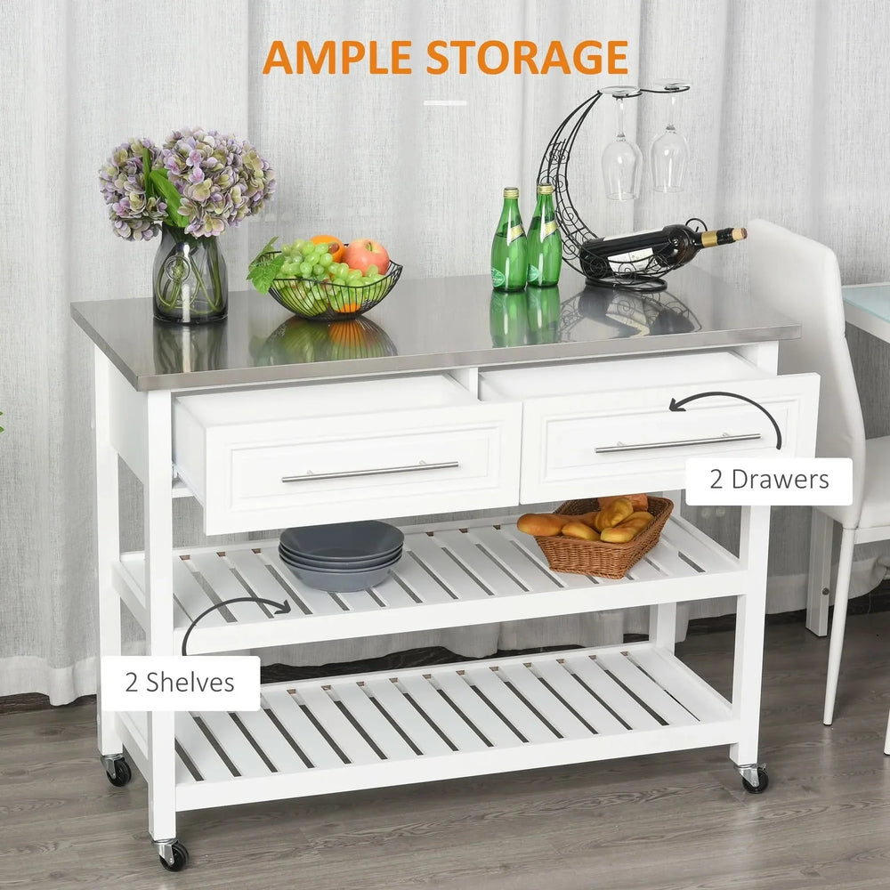 Kitchen Island Stainless Steel Top Rolling Cart With Drawers White Finish Media 5