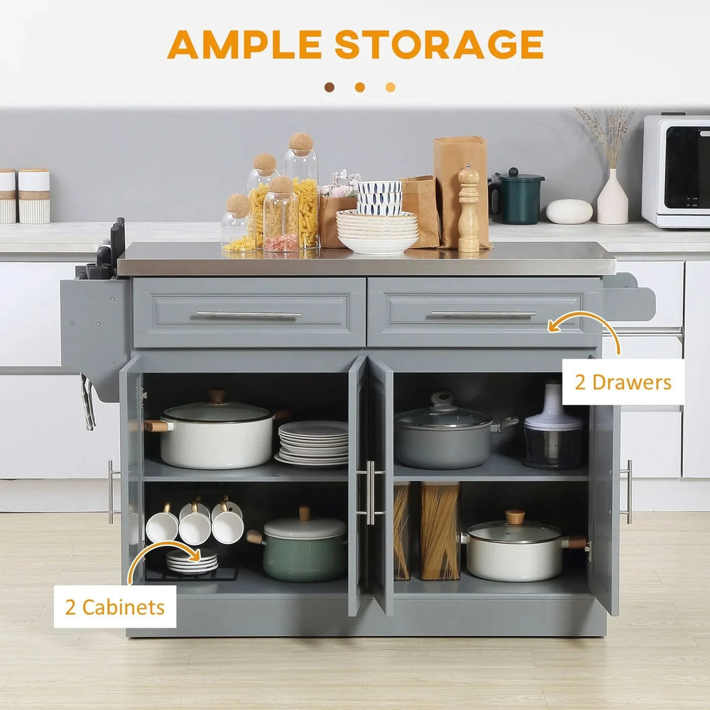 Rolling Kitchen Island Stainless Steel Top & Storage With Adjustable Shelves Media 4
