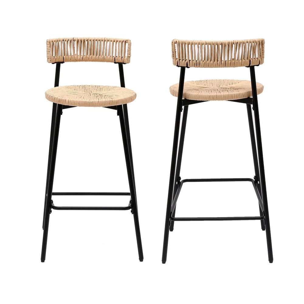 Bar Stools Paper Rope With Back Round Seat Footrest Set of 2 Black & Honey Media 15
