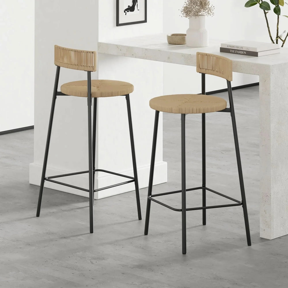 Bar Stools Paper Rope With Back Round Seat Footrest Set of 2 Black & Honey Media 2
